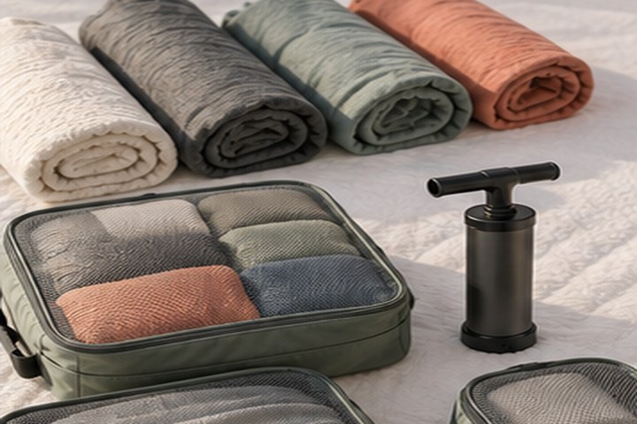 Ropa ordenada en bolsas de compresión junto a una bomba compacta