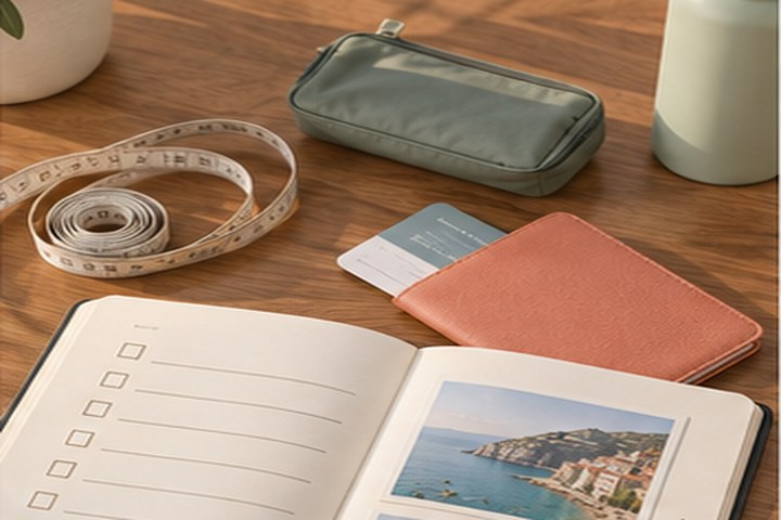 Cuaderno, cinta métrica y accesorios para planificar el equipaje