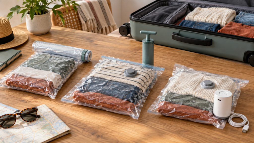 Bolsas de vacío enrollable, manual y eléctrica preparadas junto a una maleta