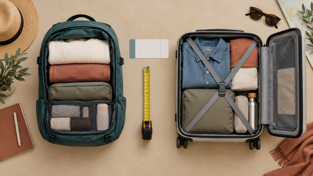 Mochila compacta y maleta de cabina preparadas para comparar