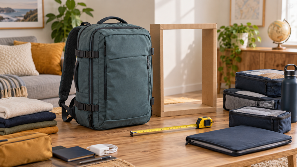 Mochila compacta junto a una cinta métrica, organizadores y plantilla de tamaño